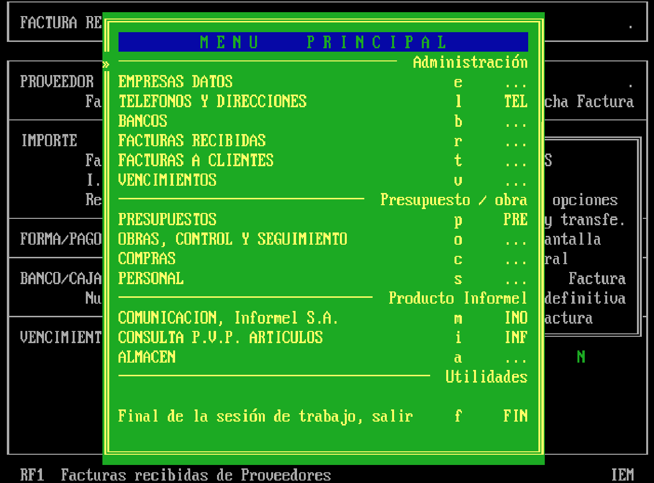 Pantalla de una aplicación de gestión antigua en MS-DOS: menú principal en verde sobre fondo negro