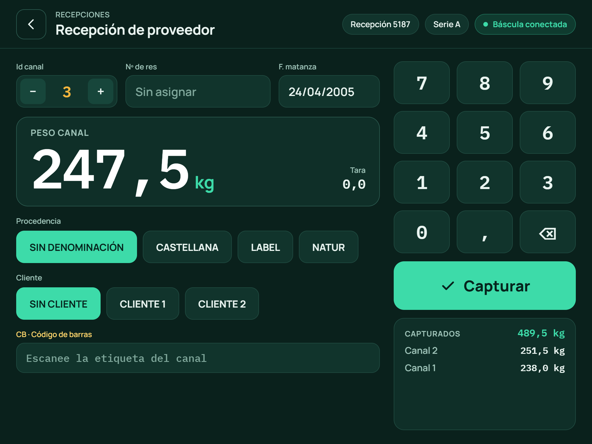 Pantalla táctil moderna de recepción de canales con el peso en báscula y teclado numérico