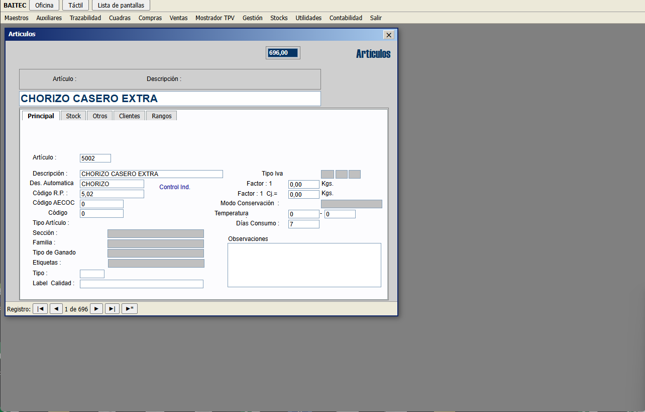 Ficha de artículo en la aplicación original de Access