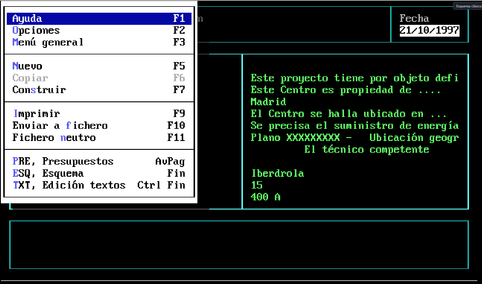 Menú de la aplicación original con opciones por teclas de función F1 a F11 y el texto de la memoria del proyecto en verde